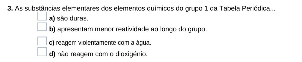 Ficha 28, questão 3 — Grupos 1 e 2 da Tabela Periódica