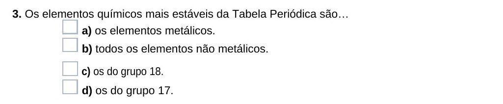 Ficha 27, questão 3 — Metais e não metais na Tabela Periódica